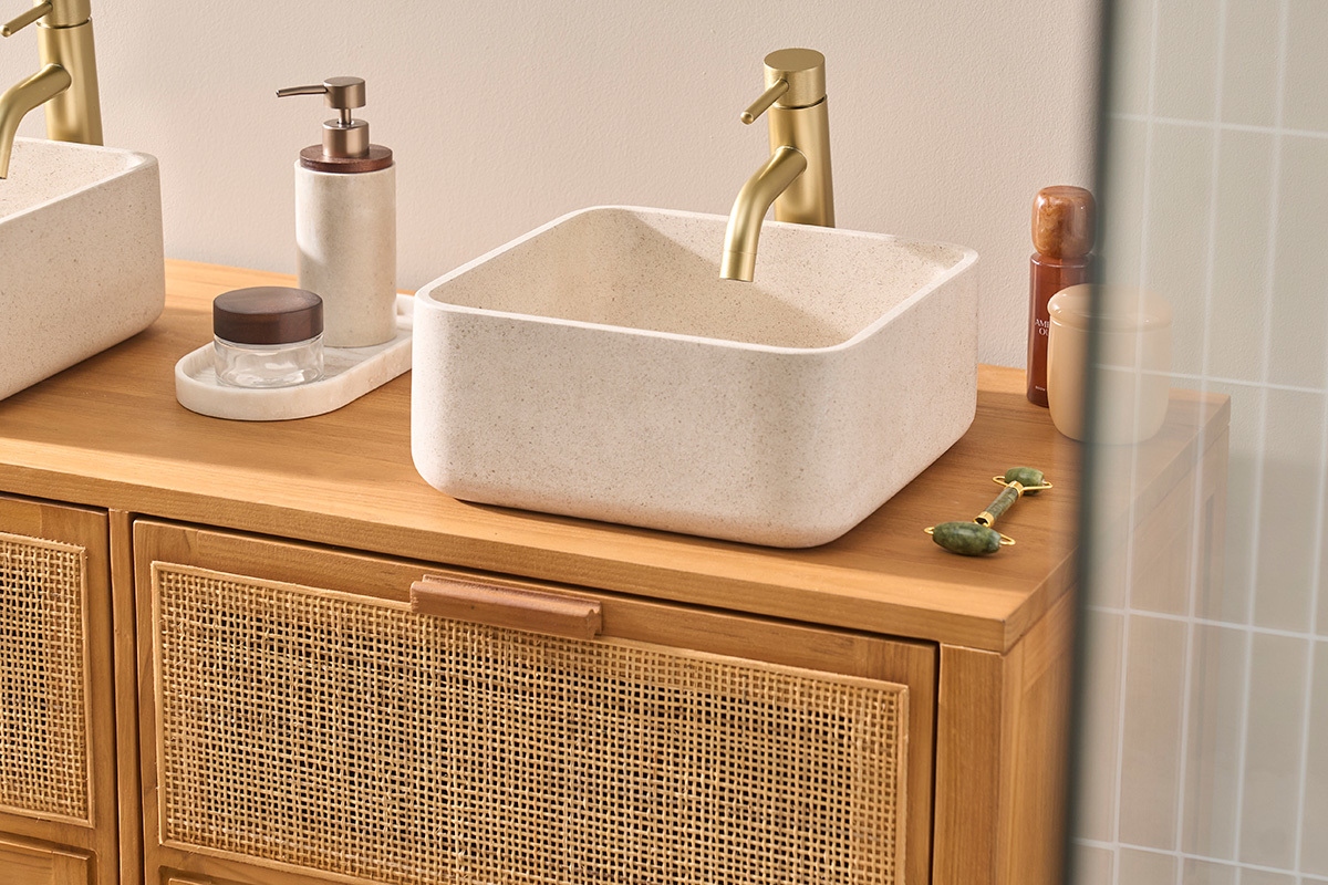 Lavabo cuadrado de piedra natural beige L30 cm FENG