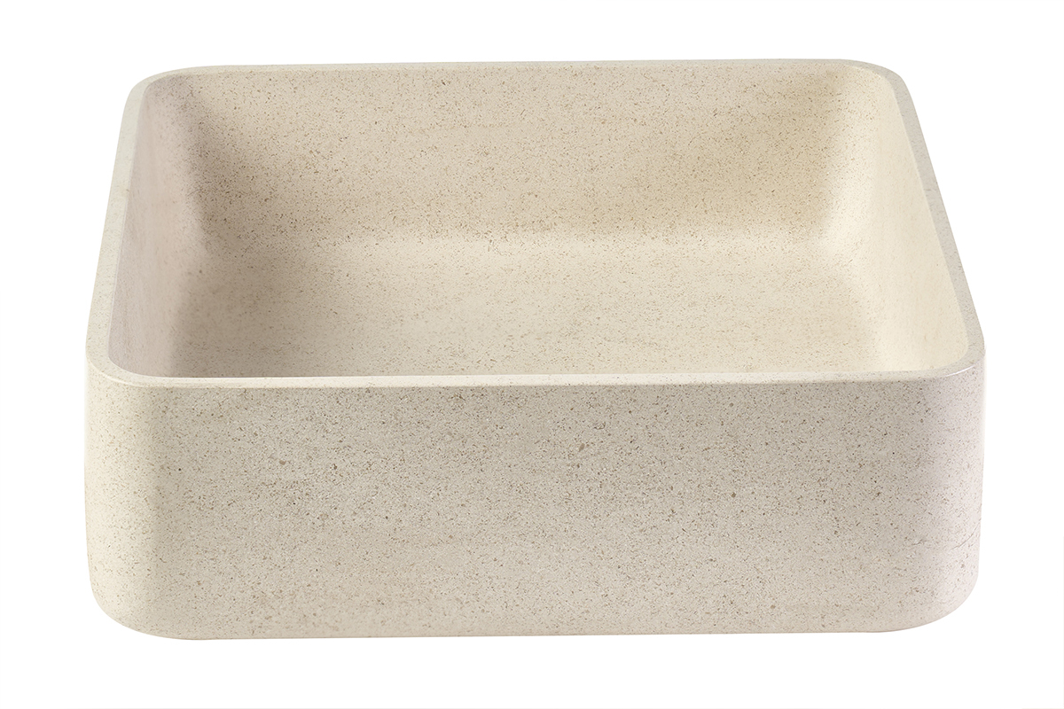 Lavabo cuadrado de piedra natural beige, vista frontal, dise�o minimalista