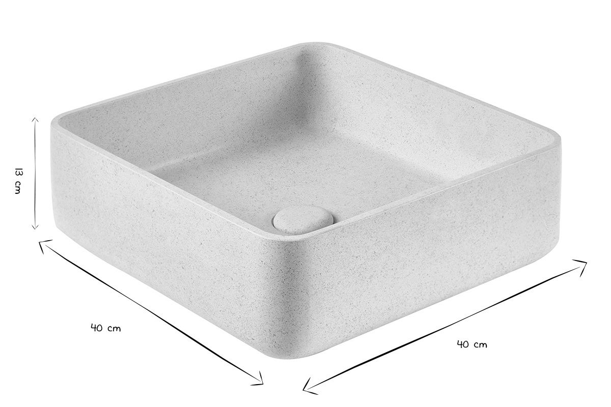 Lavabo cuadrado de piedra natural beige, dimensiones L40 x P40 x H13 cm, en blanco y negro.