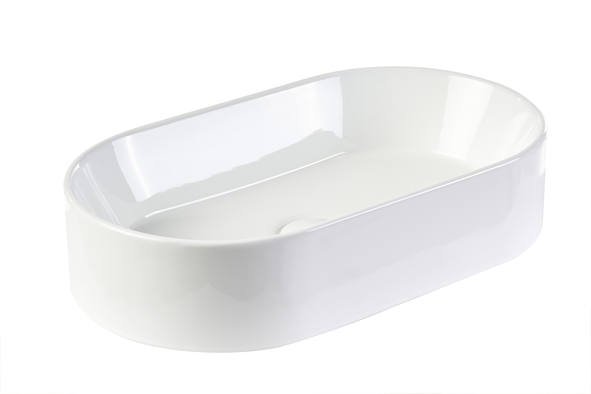 Lavabo ovalado de cer�mica blanca L52,5 cm, vista de 3/4, acabado brillante.