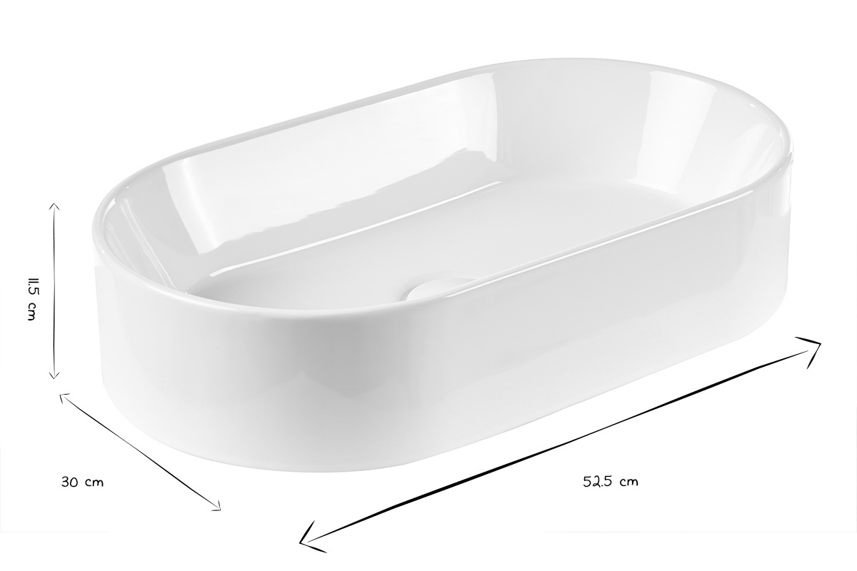 Lavabo ovalado de cer�mica blanca con dimensiones en blanco y negro: L52,5 cm, P30 cm, H11,5 cm.