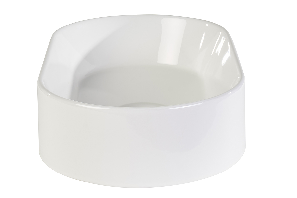 Lavabo ovalado de cer�mica blanca, vista en tres cuartos.