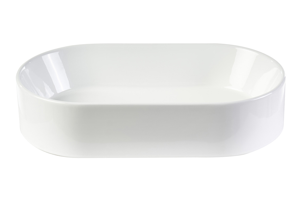 Lavabo ovalado de cer�mica blanca YARA visto de frente, dimensiones L52.5 x P30 x H11.5 cm.