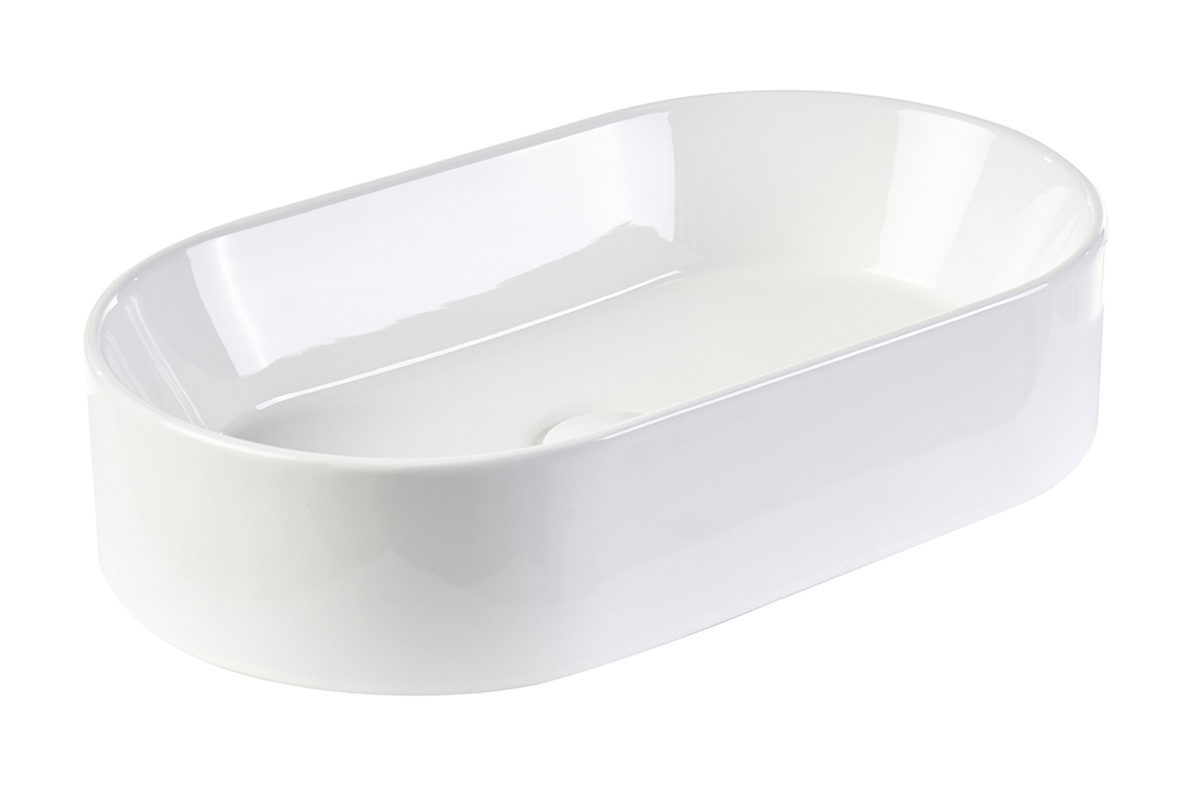 Lavabo ovalado de cer�mica blanca, vista en 3/4, dimensiones L52.5 cm, dise�o minimalista.