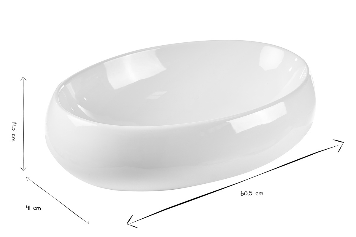 Lavabo ovalado de cer�mica blanca con dimensiones: An 60.5 cm, Al 14.5 cm, Pr 41 cm en blanco y negro.