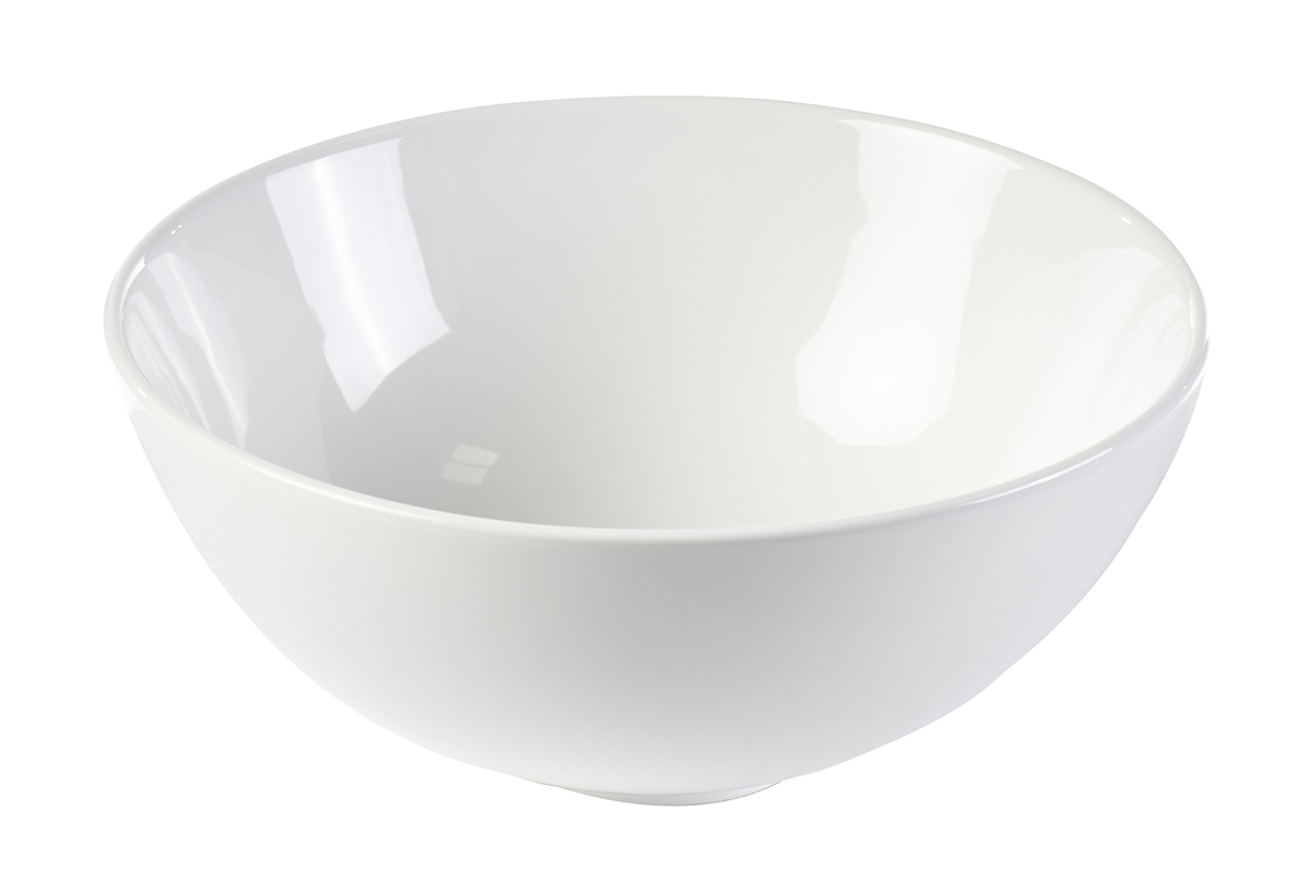 Lavabo redondo de cer�mica blanca, vista frontal, di�metro 32 cm, acabado brillante.