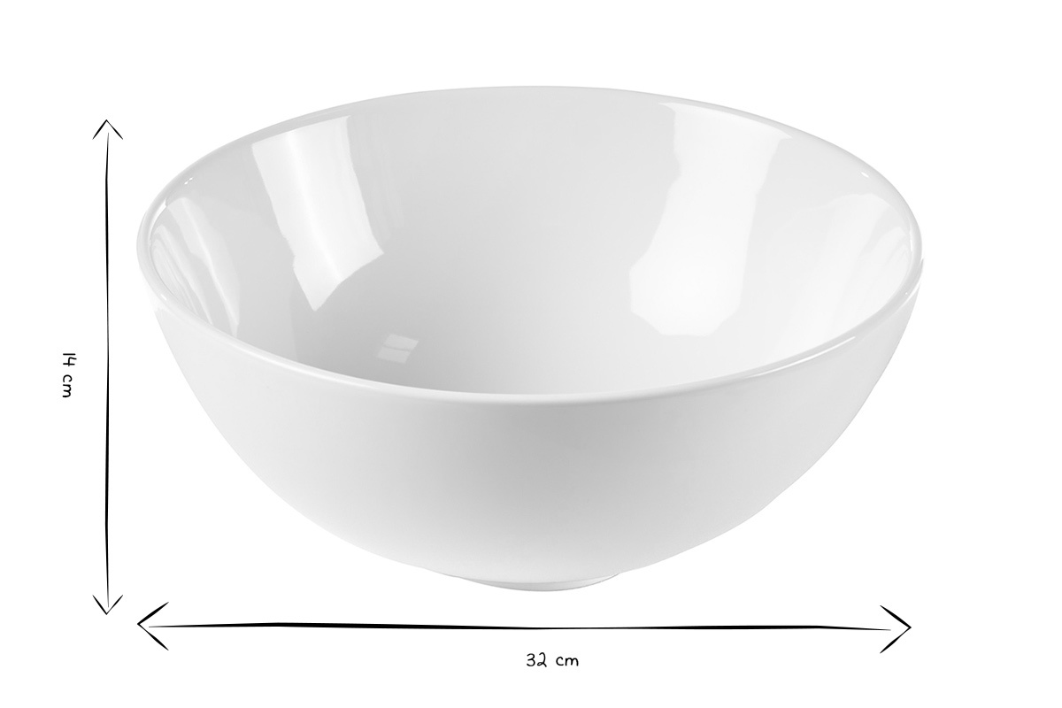 Lavabo redondo de cer�mica blanca visto de frente con dimensiones D32 cm H14 cm en blanco y negro.