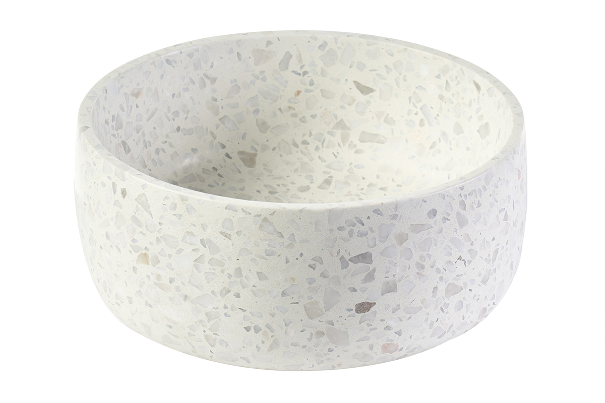 Lavabo redondo de terrazo gris de 30 cm, vista frontal, con fragmentos de m�rmol incrustados.