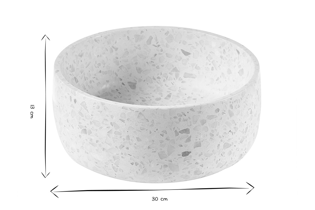 Dimensiones del lavabo redondo de terrazo gris, D30 cm, H13 cm en negro y blanco.