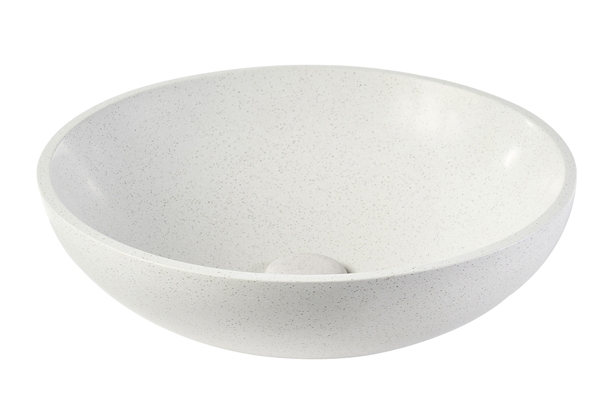 Lavabo redondo de terrazzo gris, di�metro 40 cm, vista frontal, estilo depurado y moderno.