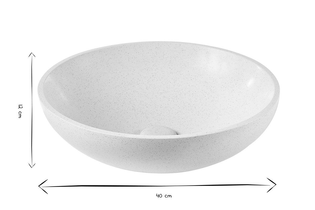 Lavabo redondo de terrazo gris LAORA, dimensiones de 40 cm de di�metro y 12 cm de altura, en blanco y negro.