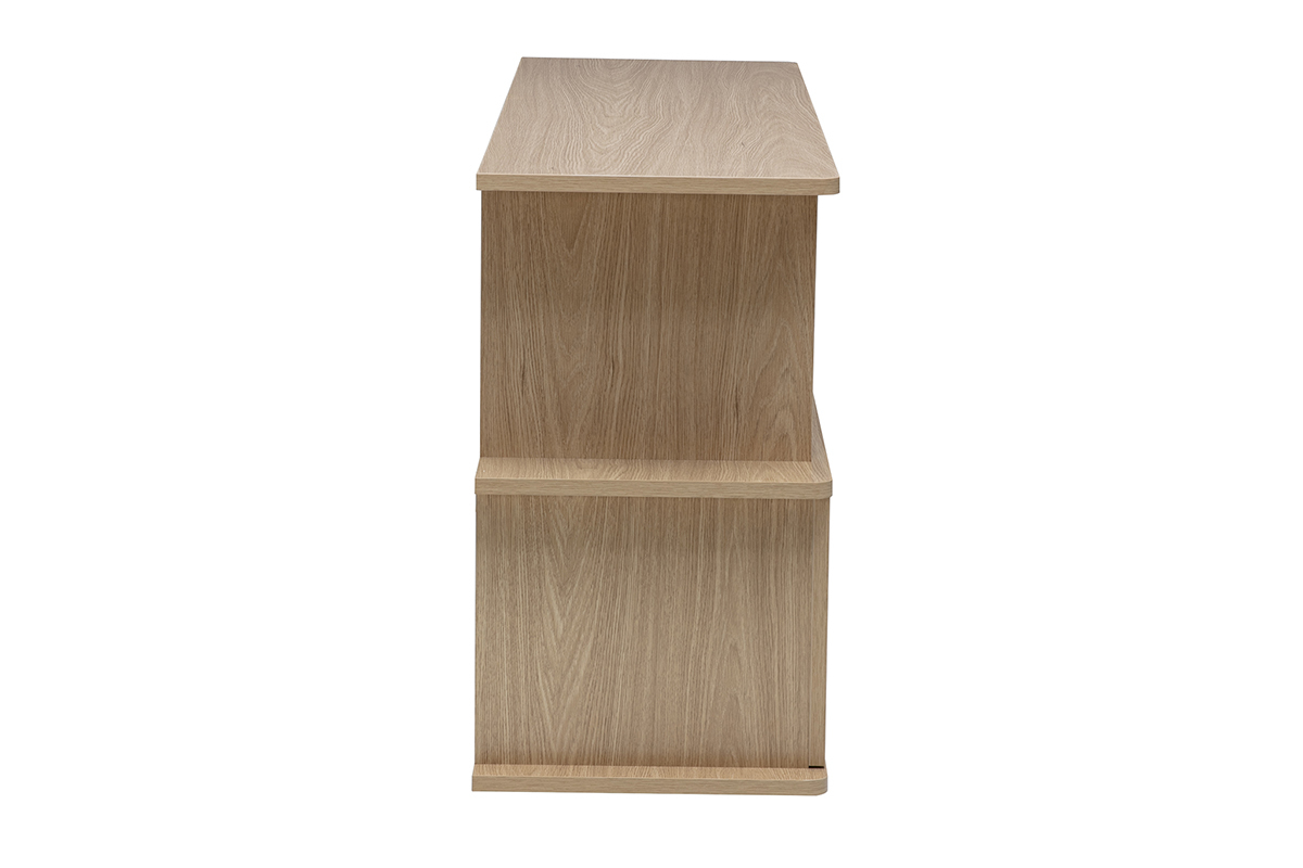 Biblioteca baja de madera clara de roble, vista de perfil con compartimentos asim�tricos.