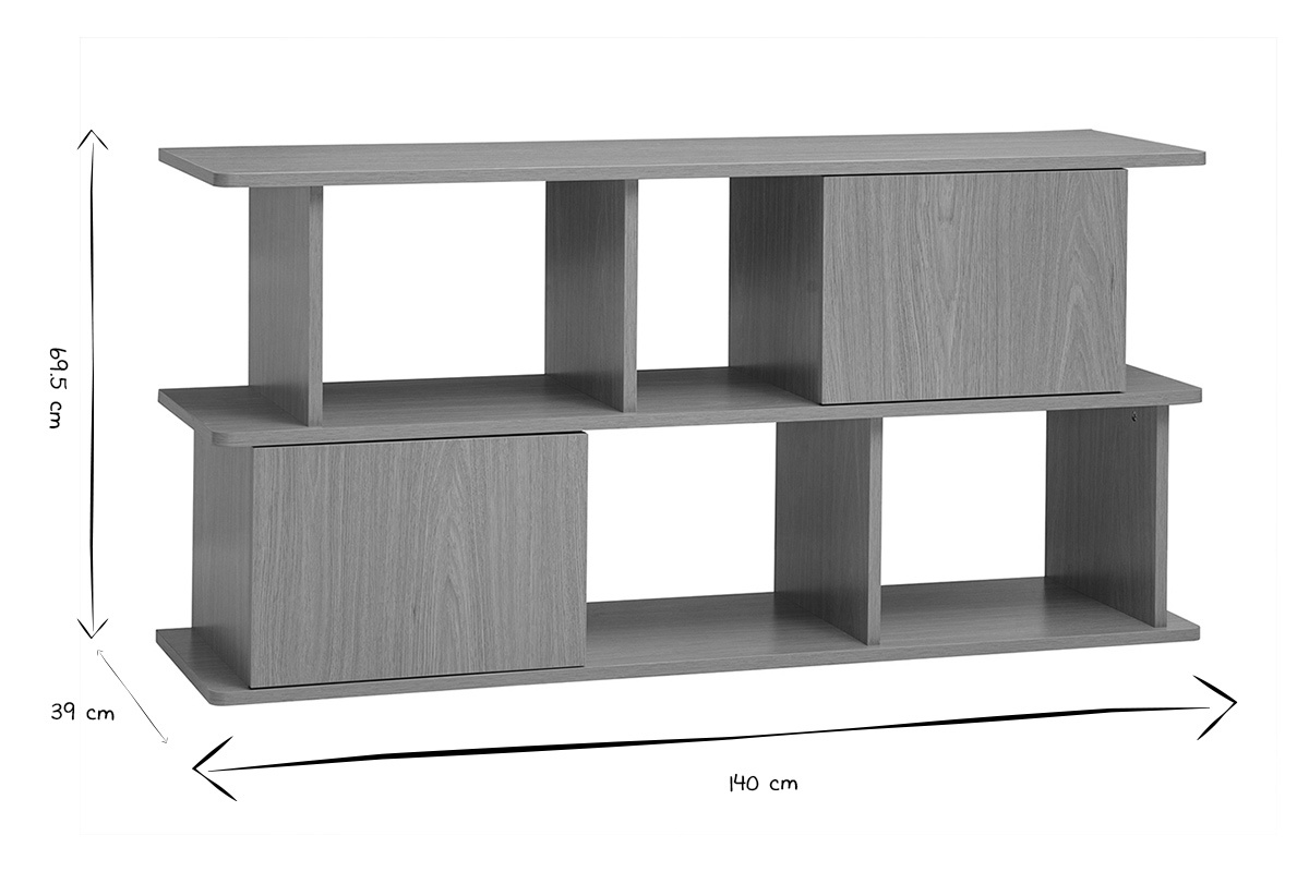 Dimensiones de la estanter�a baja JANICE en blanco y negro: An 140 cm, Al 69,5 cm, Pr 39 cm.