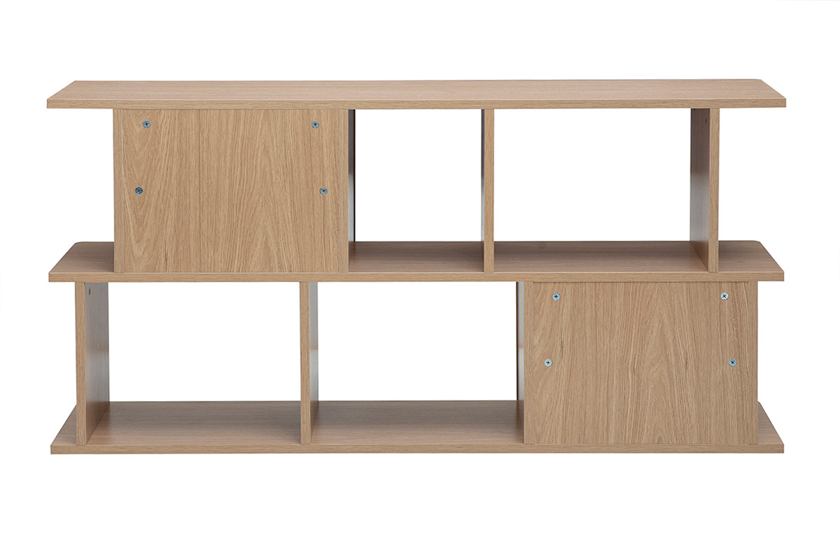 Biblioteca baja de madera clara de roble con almacenamiento, vista trasera, 140 cm de ancho.