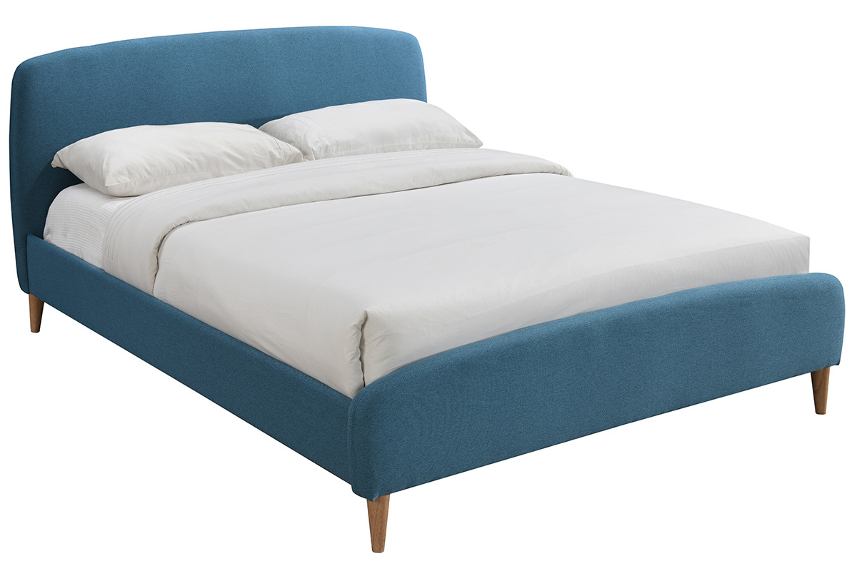 Lit adulte scandinave bleu canard et bois 160 x 200 cm NIELS