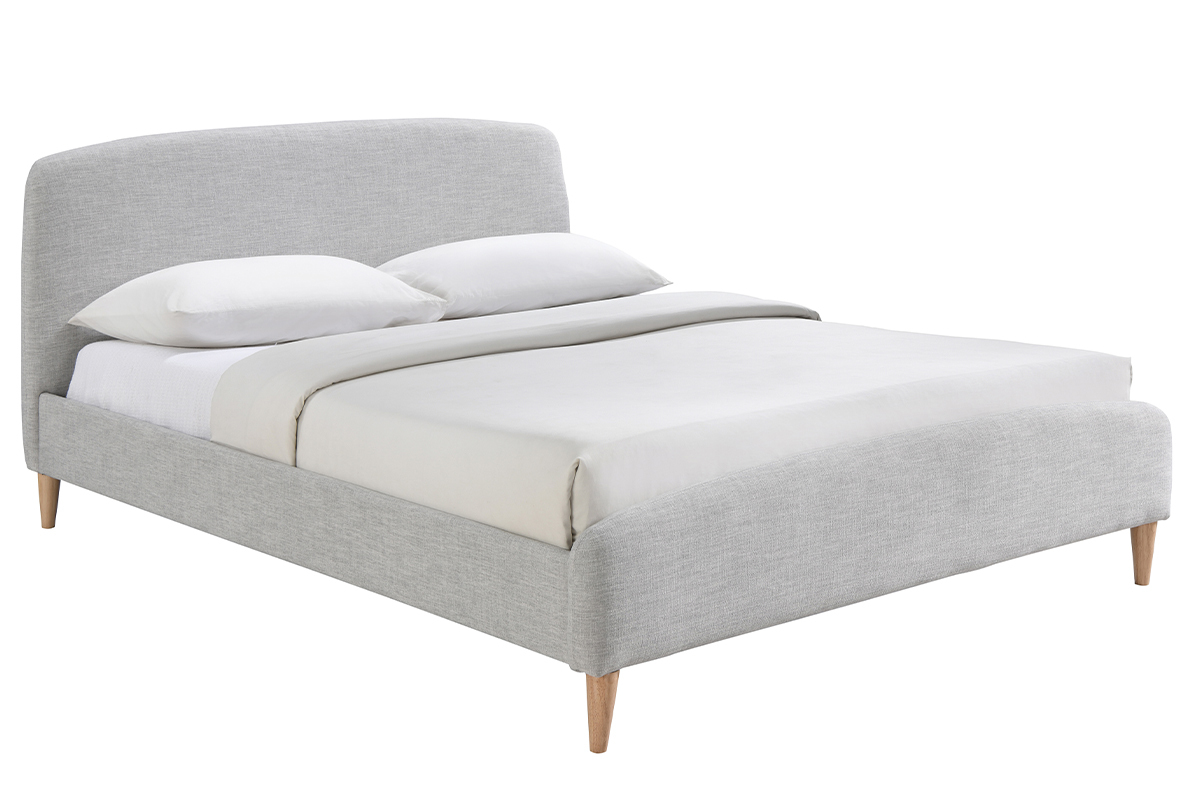 Lit adulte scandinave tissu gris clair et bois 160 x 200 cm NIELS