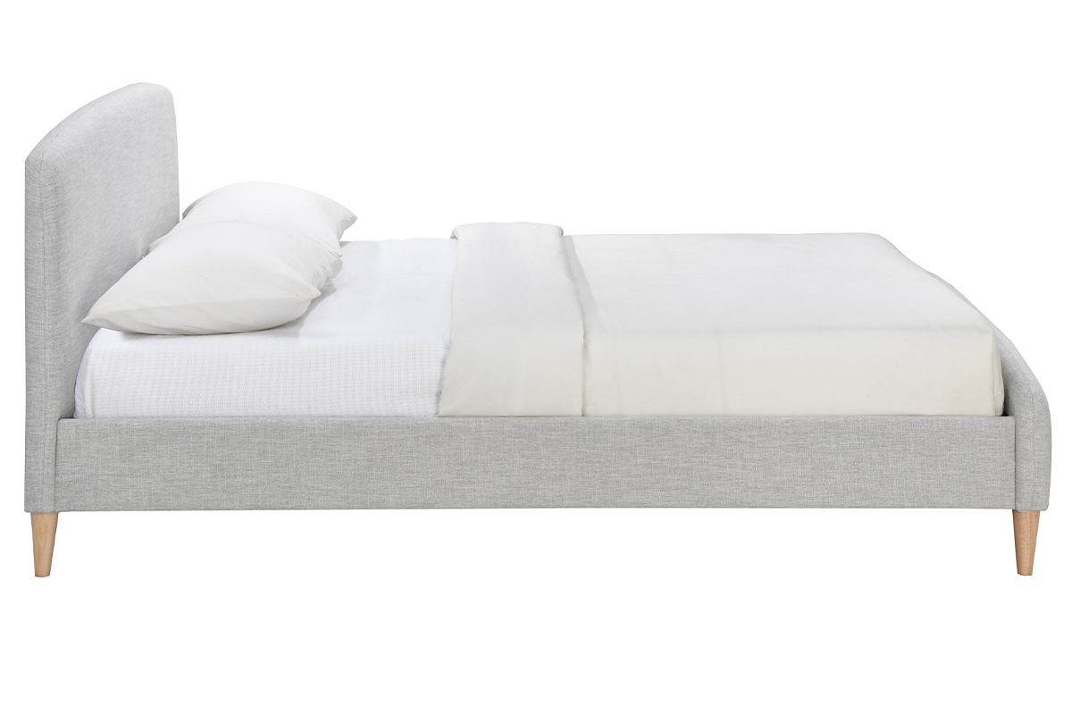 Lit adulte scandinave tissu gris clair et bois 160 x 200 cm NIELS