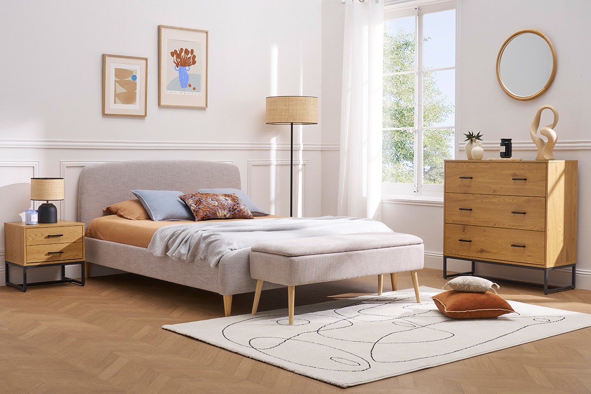 Lit adulte scandinave tissu gris clair et bois 160 x 200 cm NIELS