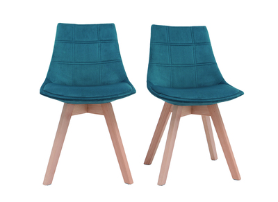 Lote de 2 sillas diseño nórdico madera y terciopelo azul petróleo MATILDE