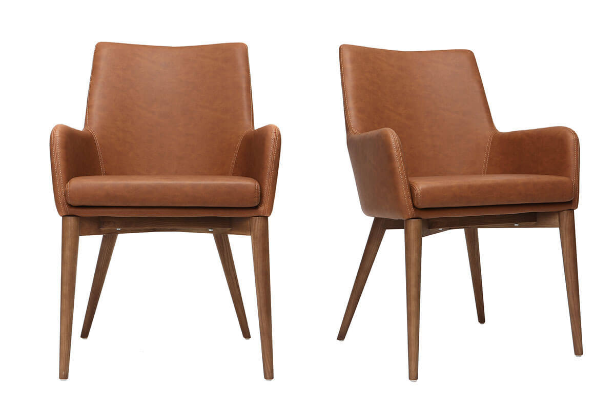 Lote de 2 sillones vintage PU marrn y madera  SHANA