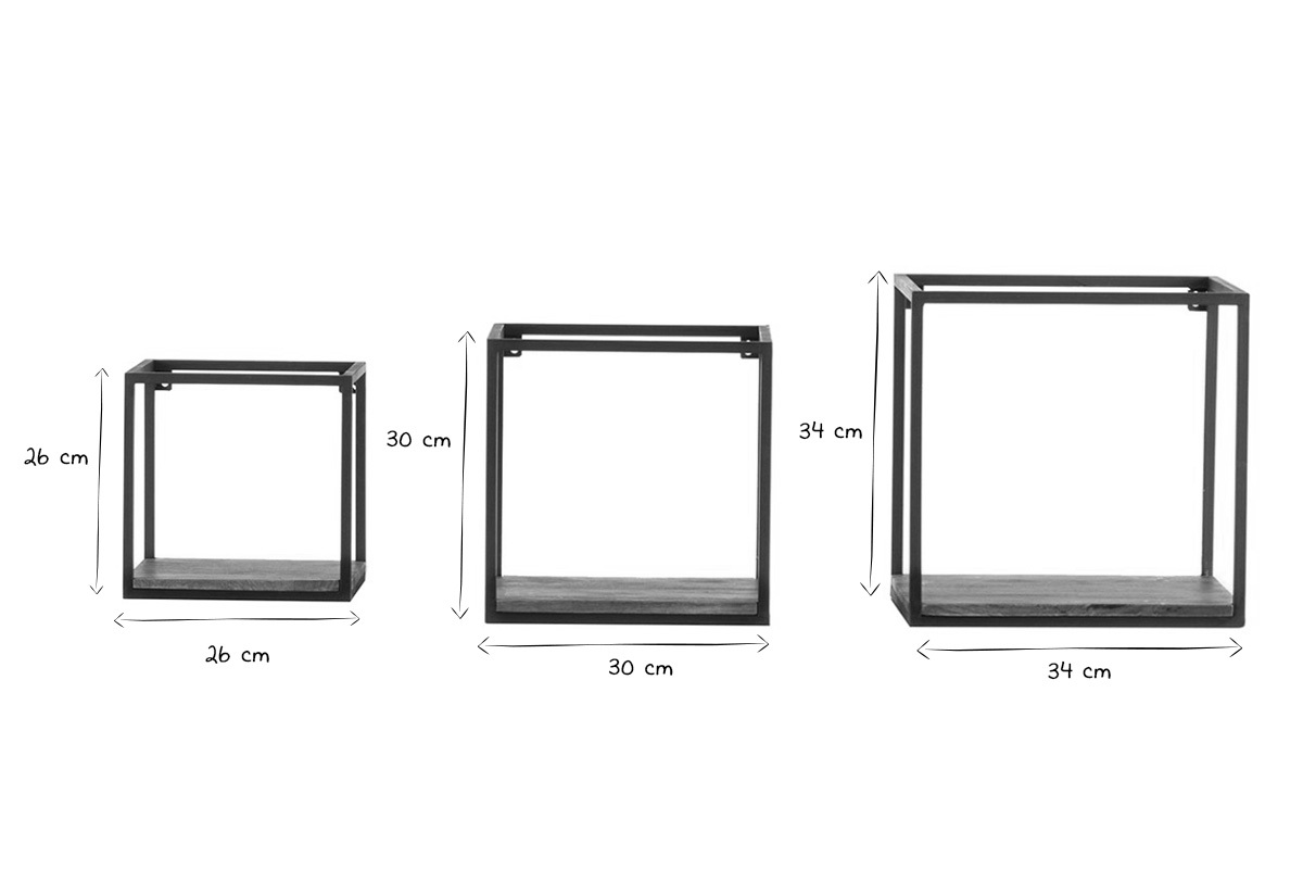 Lote de 3 estanteras de pared metal negro y mango cuadradas YPSTER