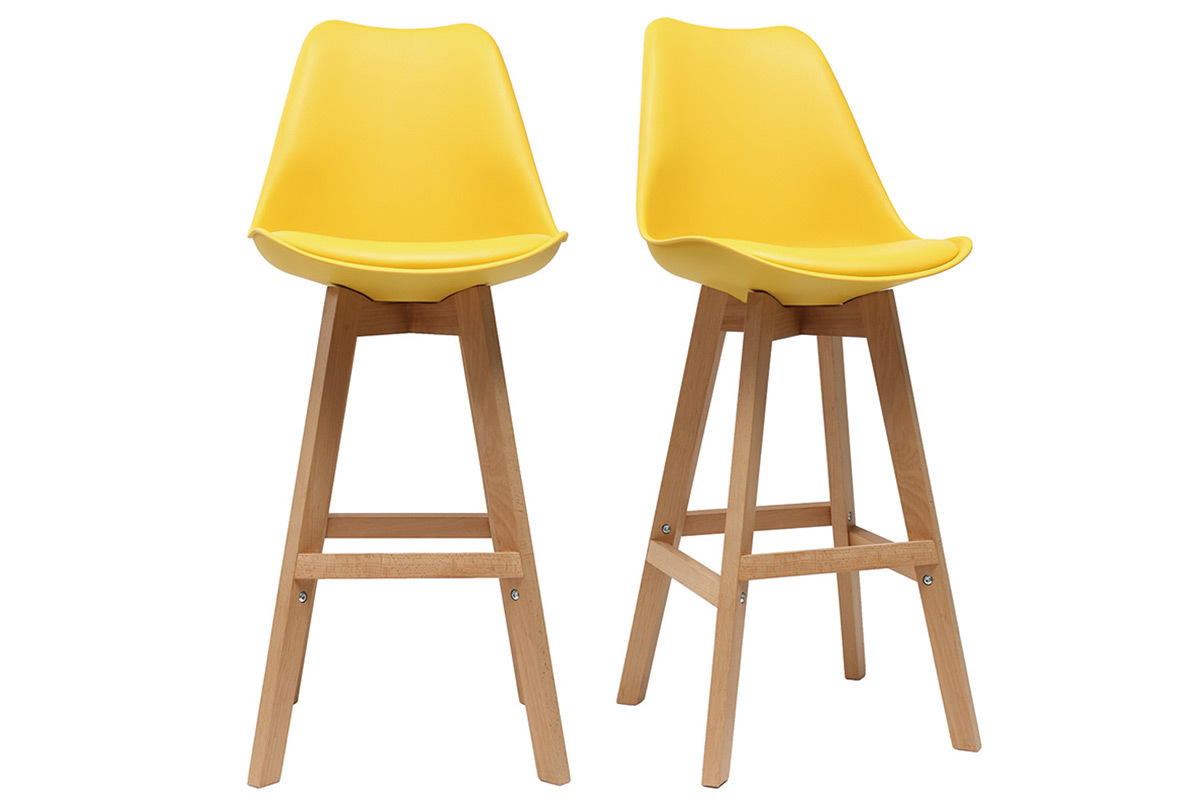 Lote de dos taburetes de bar diseo amarillo y madera 65cm PAULINE