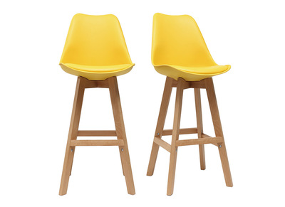 Lote de dos taburetes de bar dise&ntilde;o amarillo y madera 65cm PAULINE