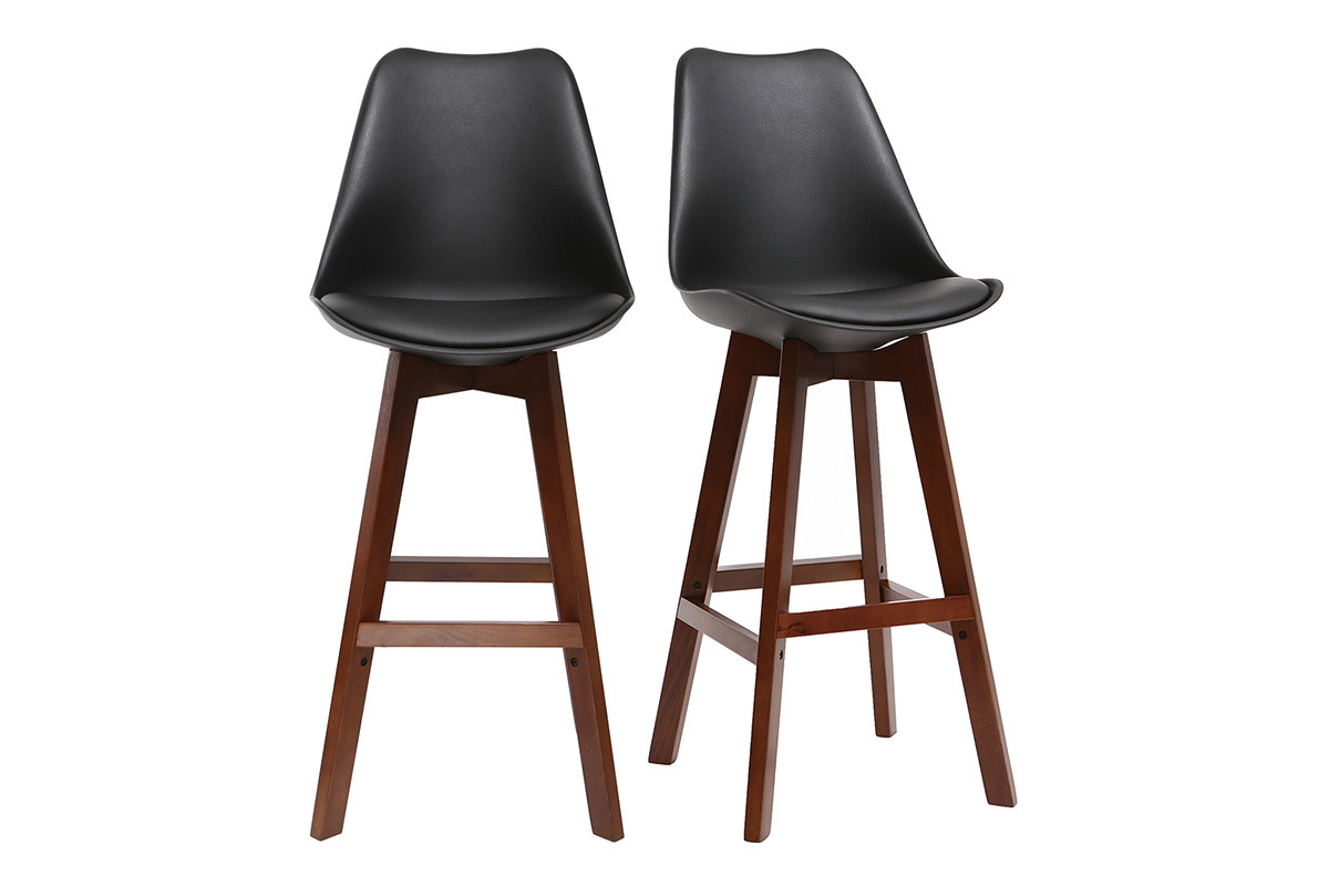 Lote de dos taburetes de bar vintage negro y nogal 75cm PAULINE