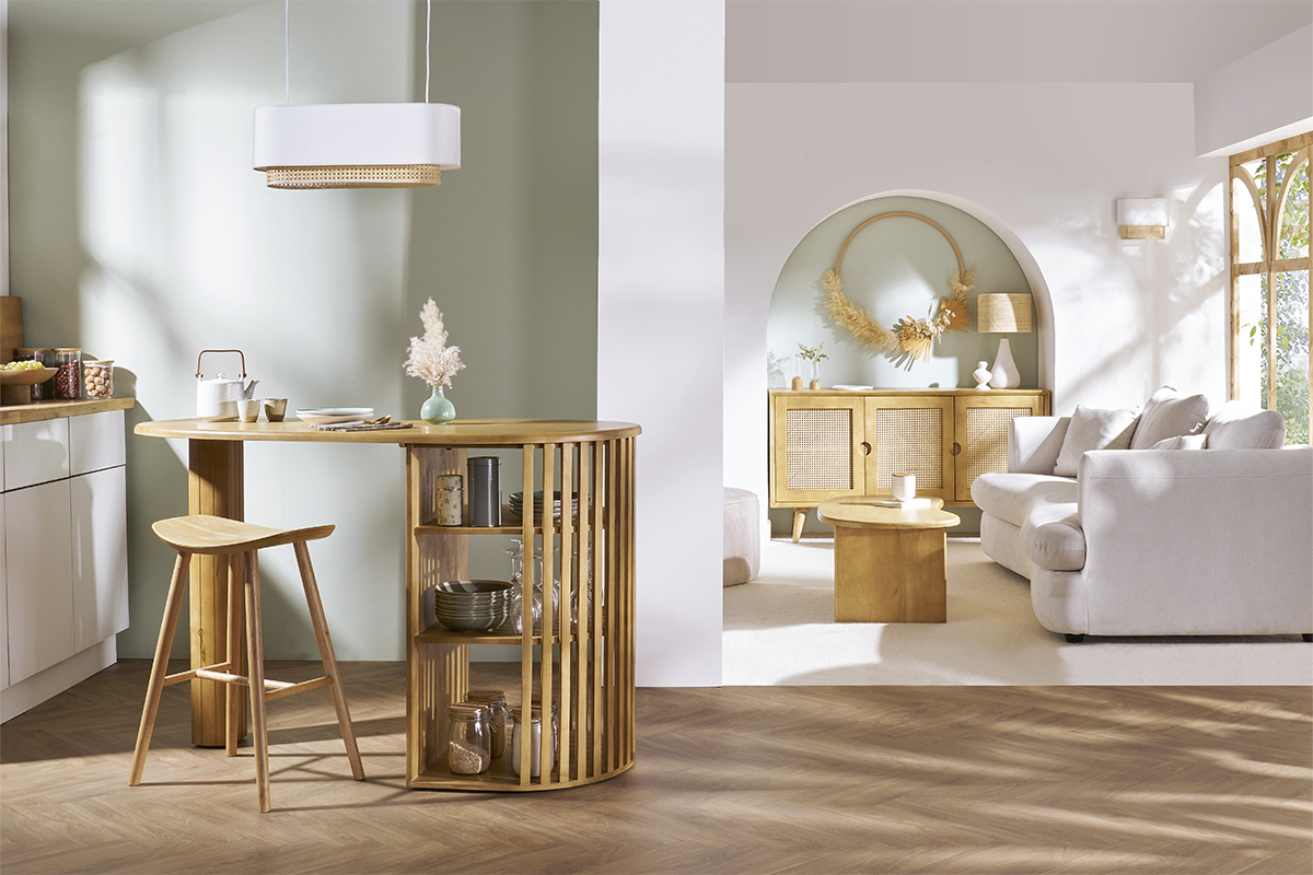 Mesa alta con almacenaje de madera maciza de mango 90 cm LOBIO