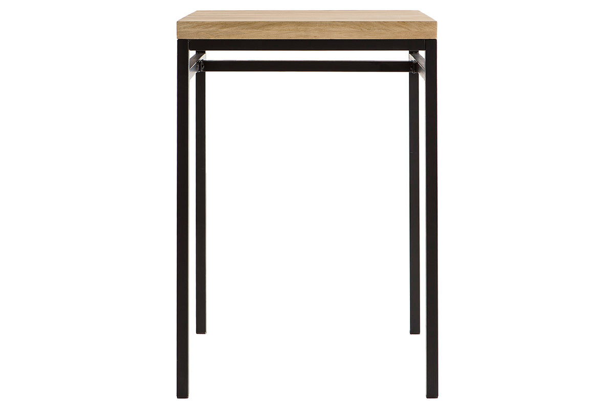 Mesa alta cuadrada en mango macizo y metal negro, vista frontal.