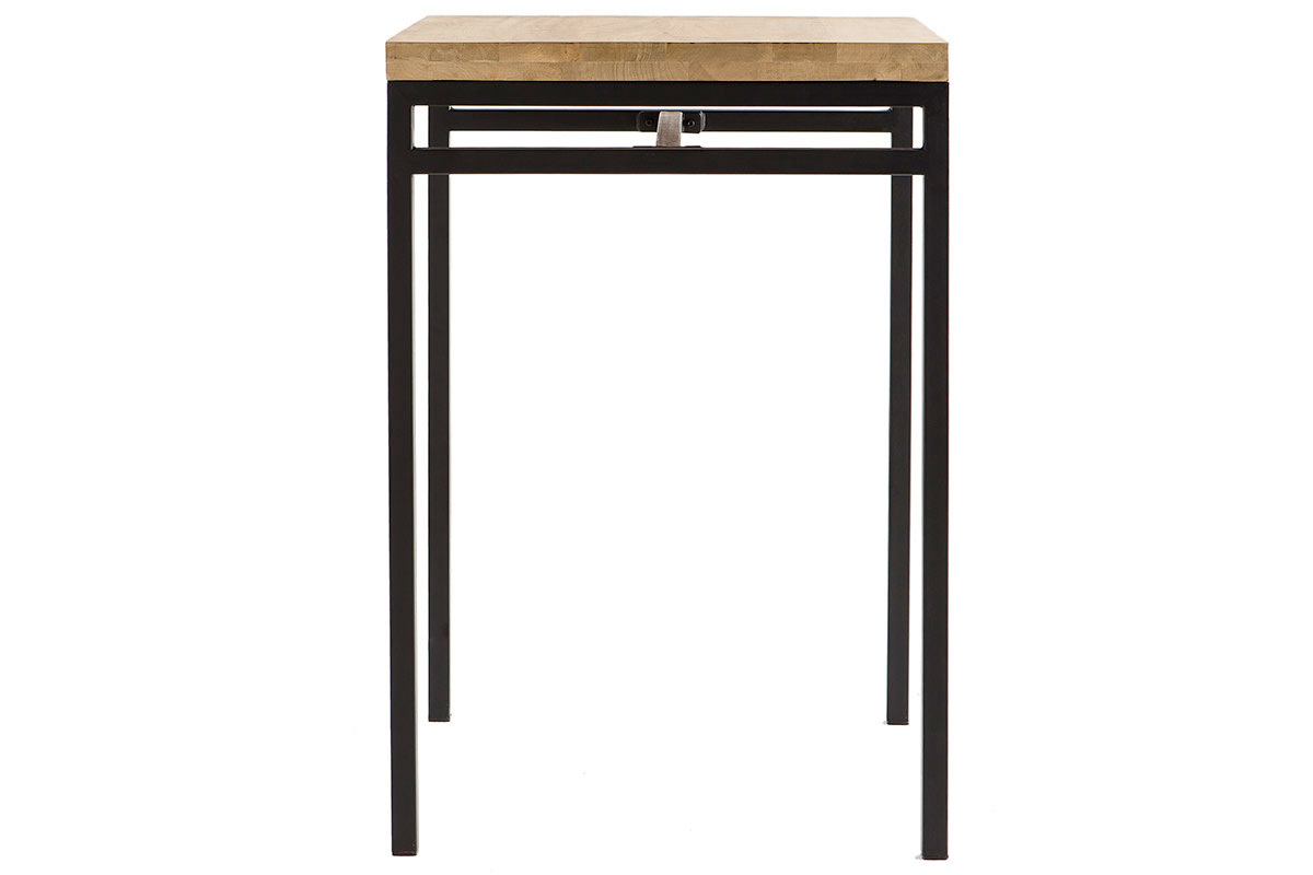 Mesa alta cuadrada en mango macizo y metal negro, vista de perfil