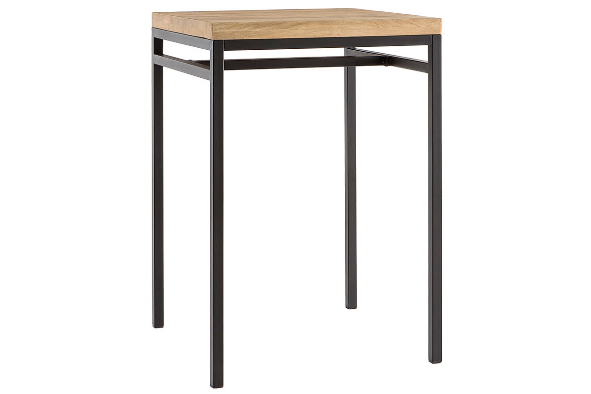 Mesa alta cuadrada en madera maciza de mango y metal negro, vista en 3/4.