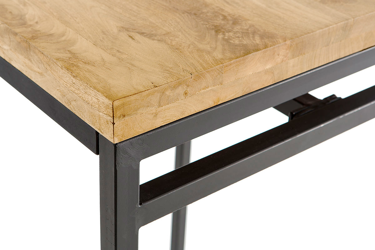 Mesa alta cuadrada de mango macizo y metal negro, vista desde arriba, dimensiones 70 cm