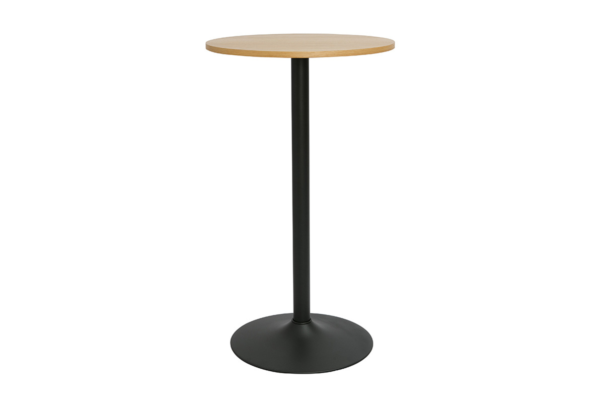 Mesa alta de diseo redonda de madera clara de roble y metal negro D60 cm CALISTA