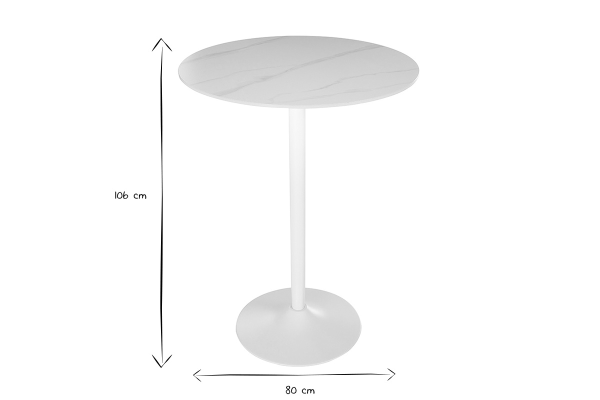 Mesa redonda de cer�mica blanca y metal, dimensiones D80 cm, H106 cm, negro y blanco.