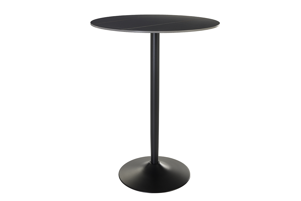 Mesa redonda de cer�mica negra con pata de tulip�n de metal negro, vista frontal.