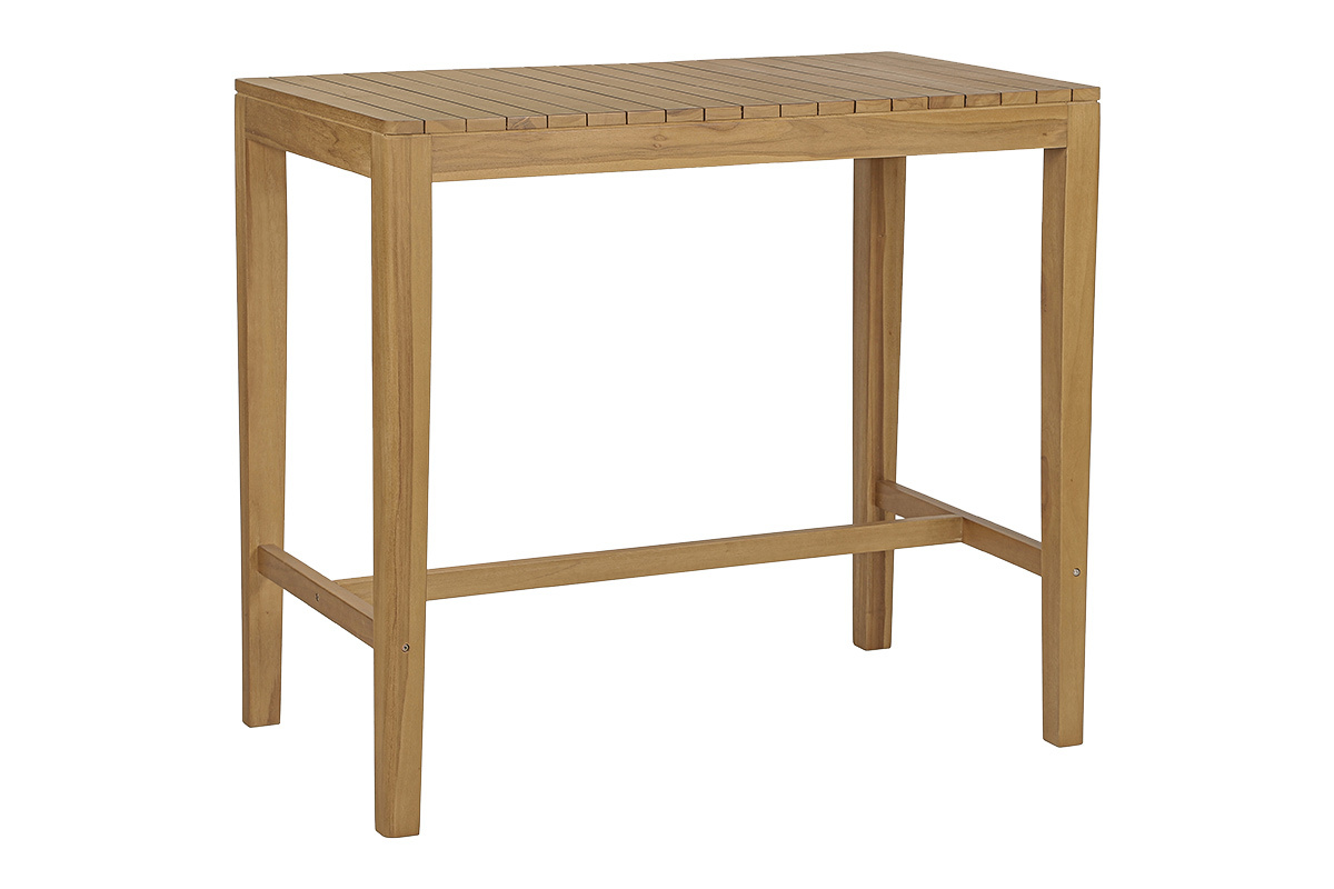 Mesa alta de jard�n rectangular de teca maciza L120 cm, vista en 3/4.