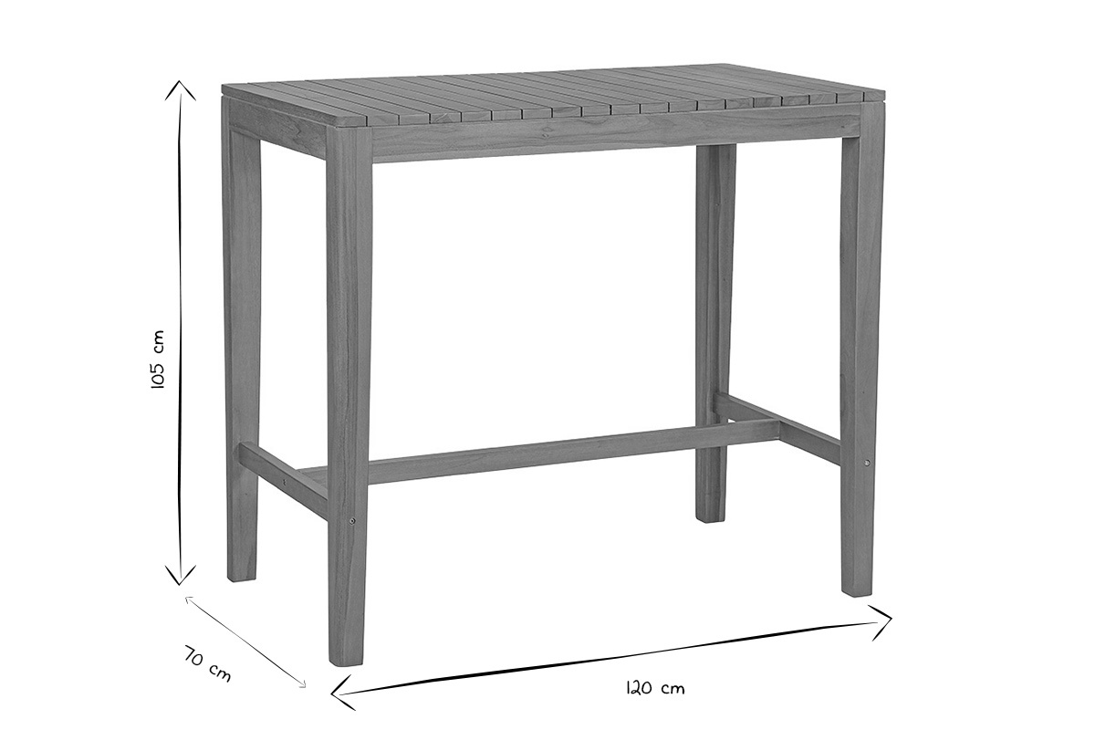 Mesa alta de jard�n rectangular de madera de teca maciza, dimensiones L120 x P70 x H105 cm, vista de lado en blanco y negro.