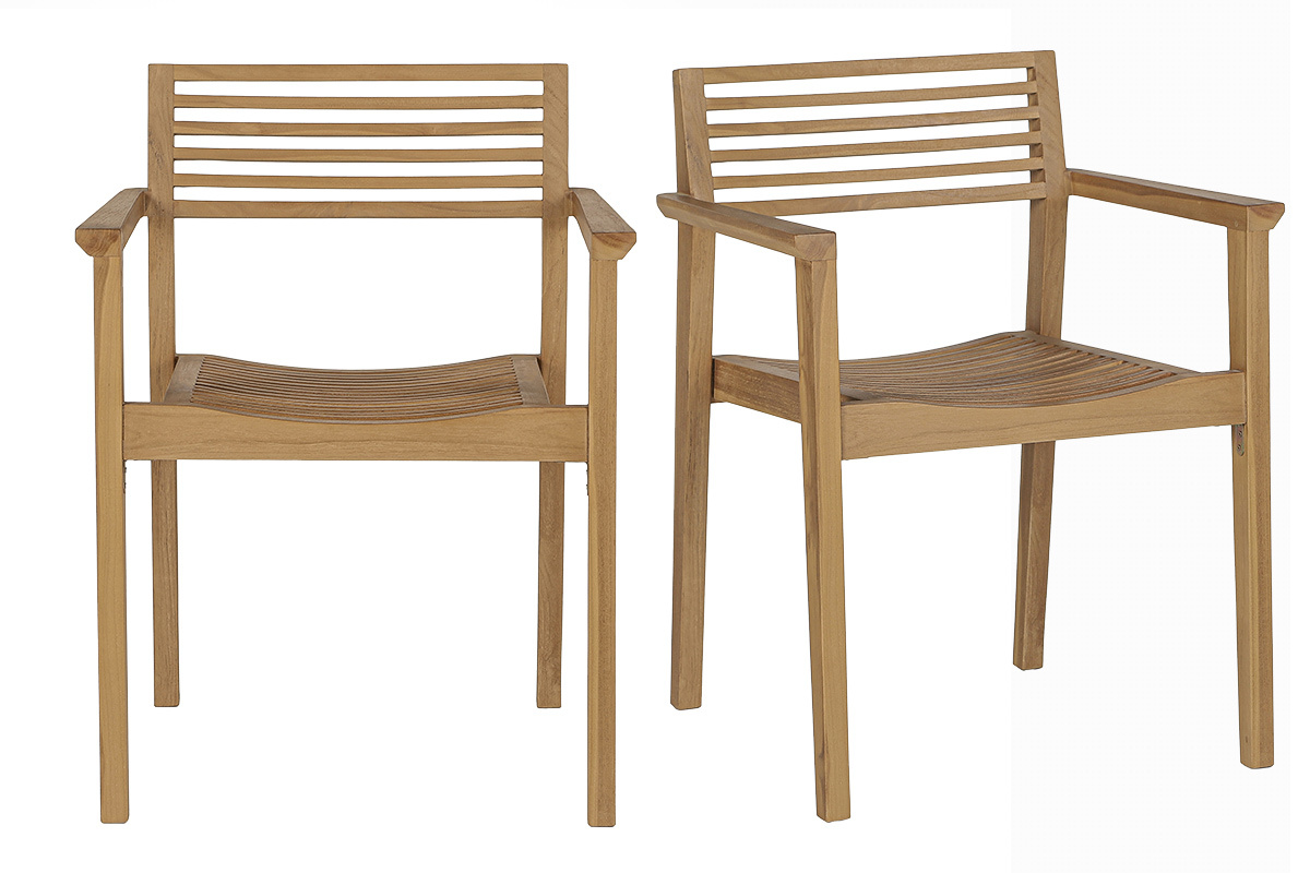 Sillas de jard�n apilables de madera de teca maciza, vista frontal, lote de 2.