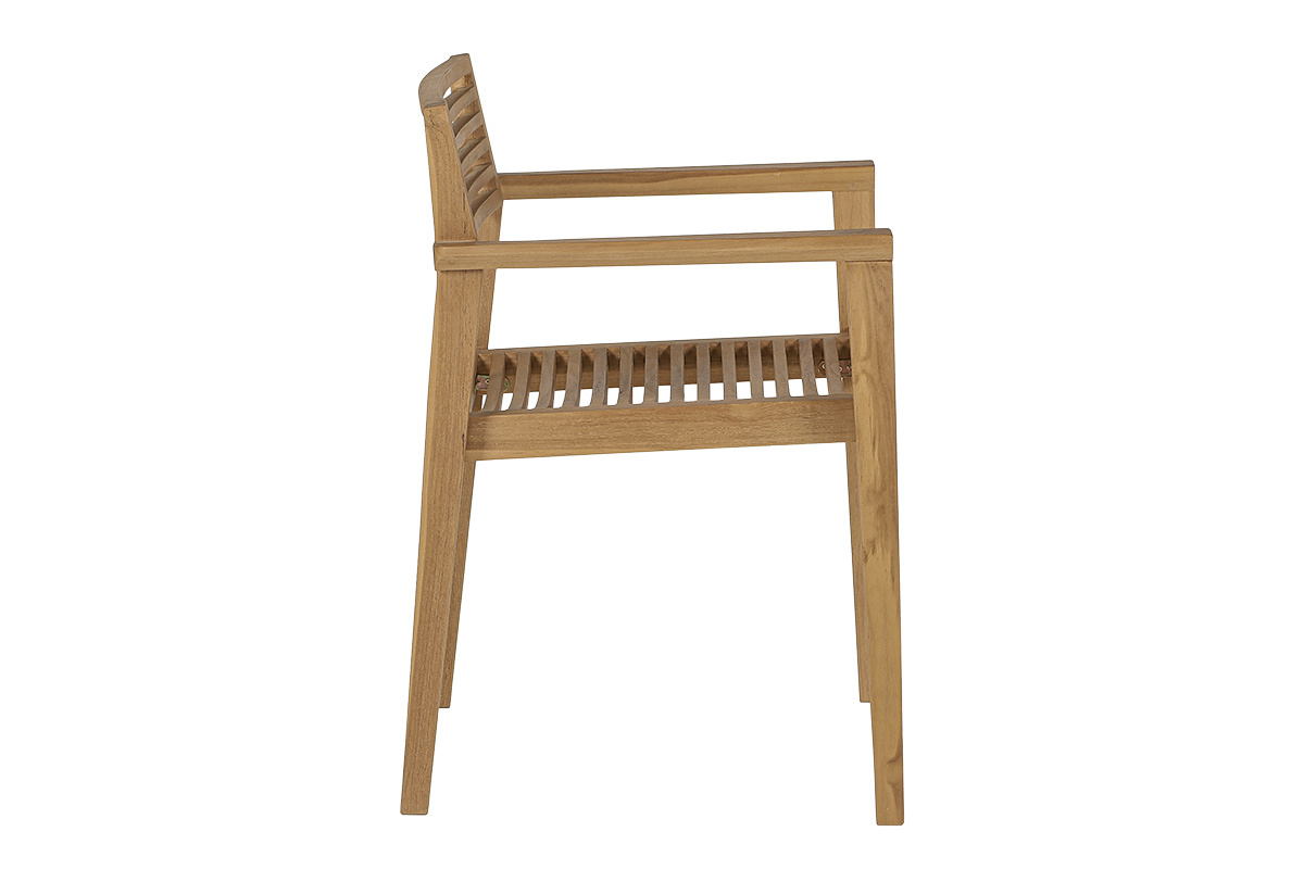Silla de jard�n de teca maciza, vista de perfil, con reposabrazos y lamas horizontales.