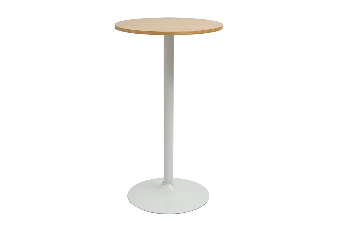 Mesa alta design redonda de madera clara de roble y metal blanco D60 cm CALISTA