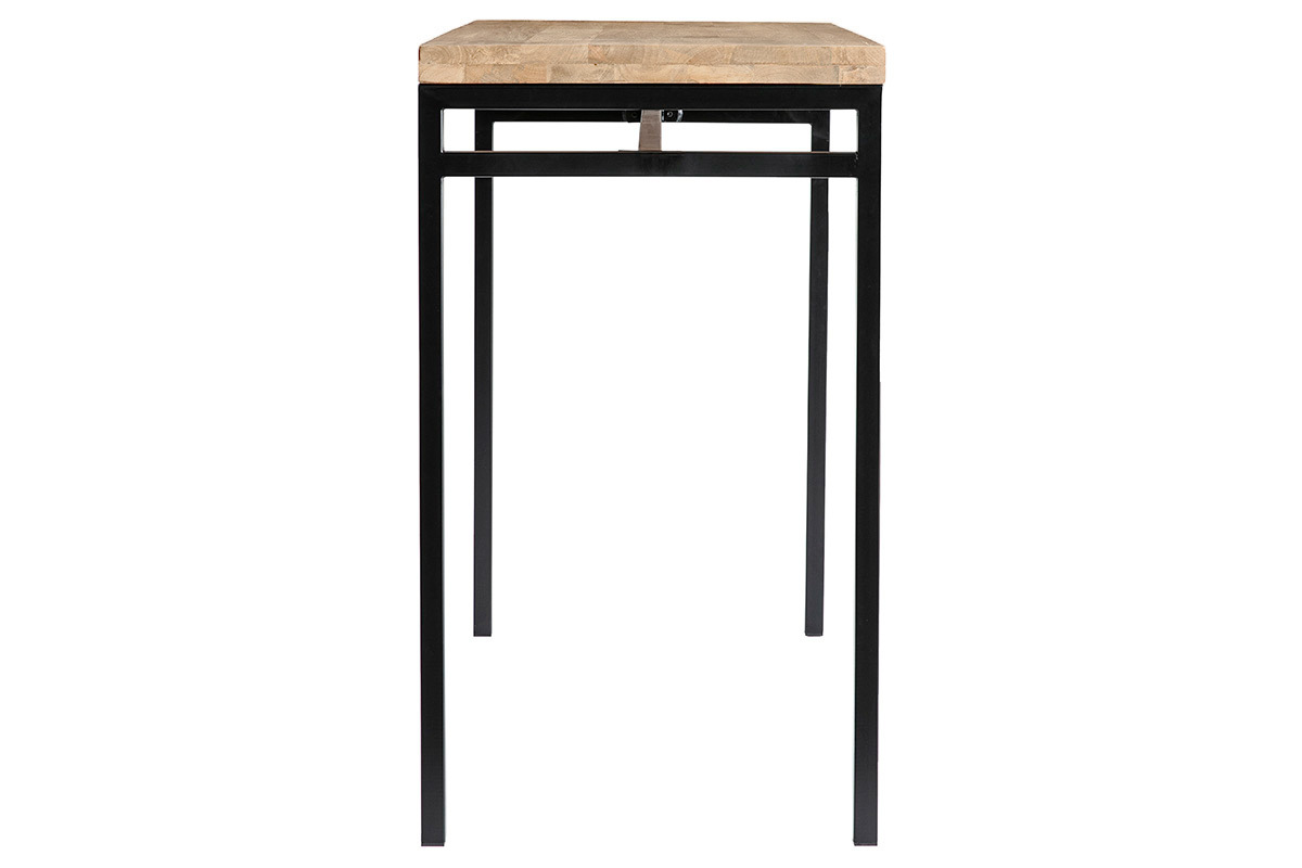 Mesa alta industrial de madera maciza de mango y metal negro, vista de perfil.
