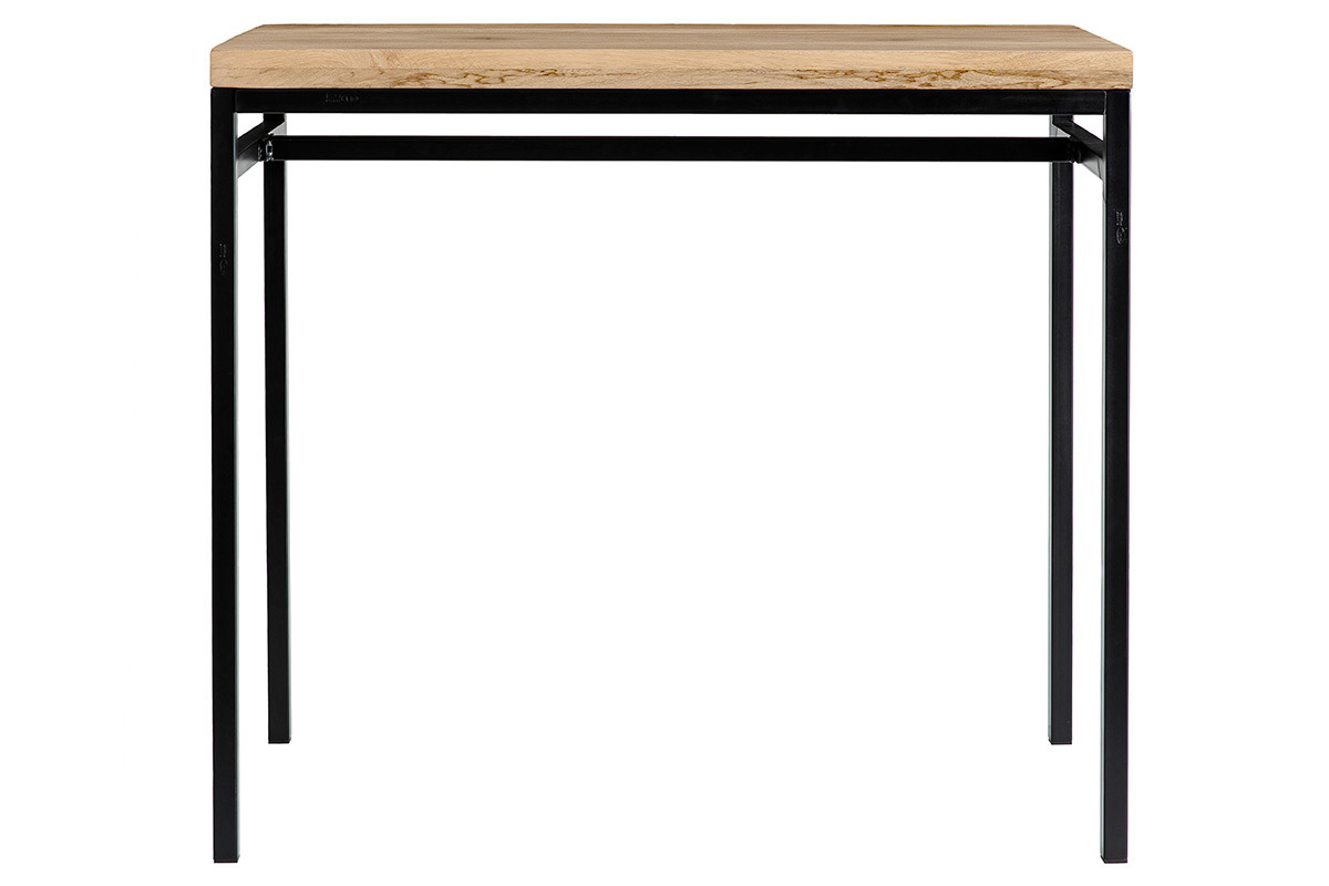 Mesa alta industrial de madera de mango y metal negro, vista frontal