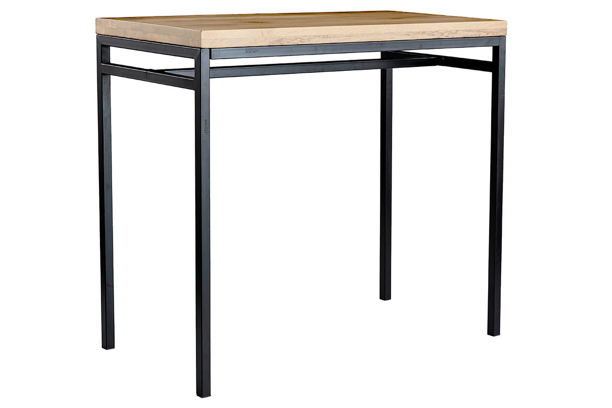 Mesa alta industrial de madera maciza de mango y metal negro, vista en 3/4.