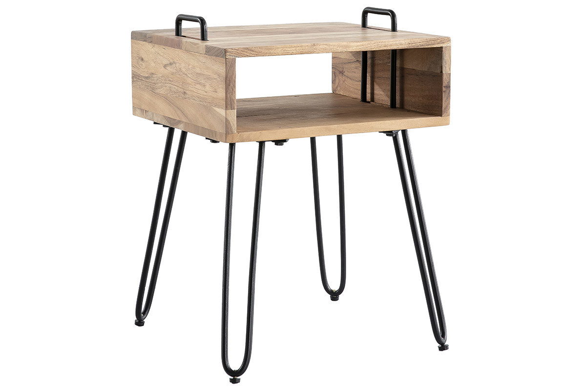 Mesa auxiliar con almacenaje en madera de acacia y metal negro ALVIN