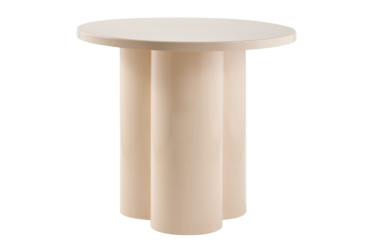 Mesa auxiliar de dise�o en metal esmaltado beige, vista frontal, parte superior redonda, tres patas