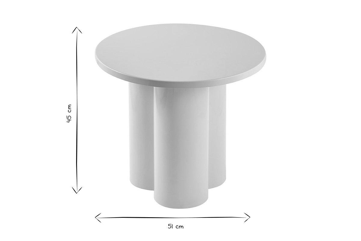 Dimensiones de la mesa auxiliar en blanco y negro: D51 cm, H45 cm.
