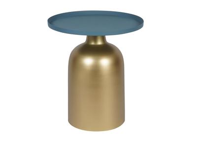 Mesa auxiliar de diseño redondo de metal dorado con el tablero azul petróleo mate RAMSES