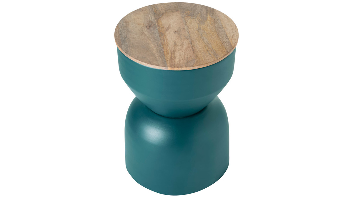Mesa auxiliar redonda de diseo con almacenaje de metal azul petrleo y madera maciza de mango 30 cm YOYO