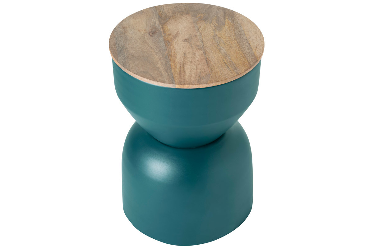 Mesa auxiliar redonda de diseo con almacenaje de metal azul petrleo y madera maciza de mango 30 cm YOYO